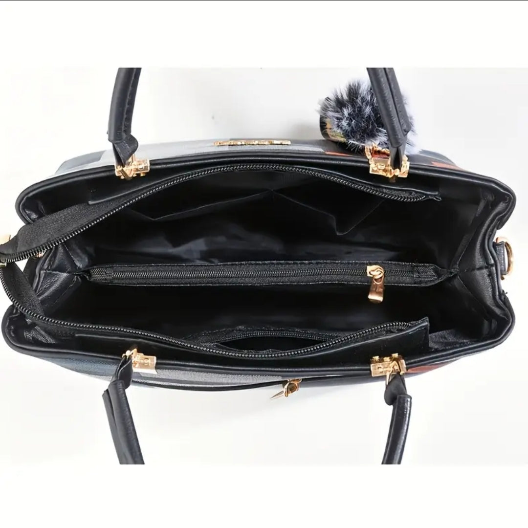 Sac à Main Femme Bandoulière — Compartiments Zippés, Finitions Dorées, Noir & Marron