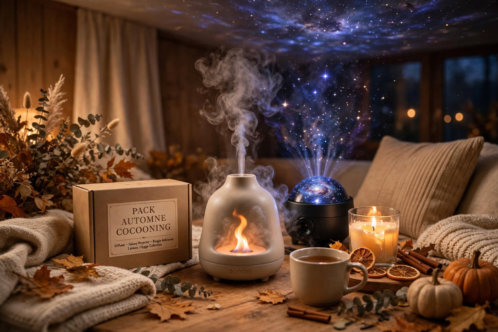 Pack Automne Cocooning - Diffuseur Cheminée + projecteur Galaxy + Bougie