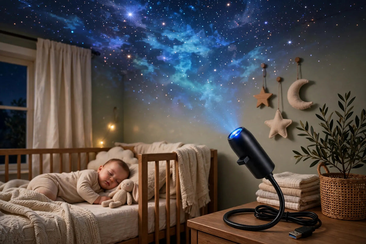 Projecteur lumineux rotatif — ambiance lune et étoiles
