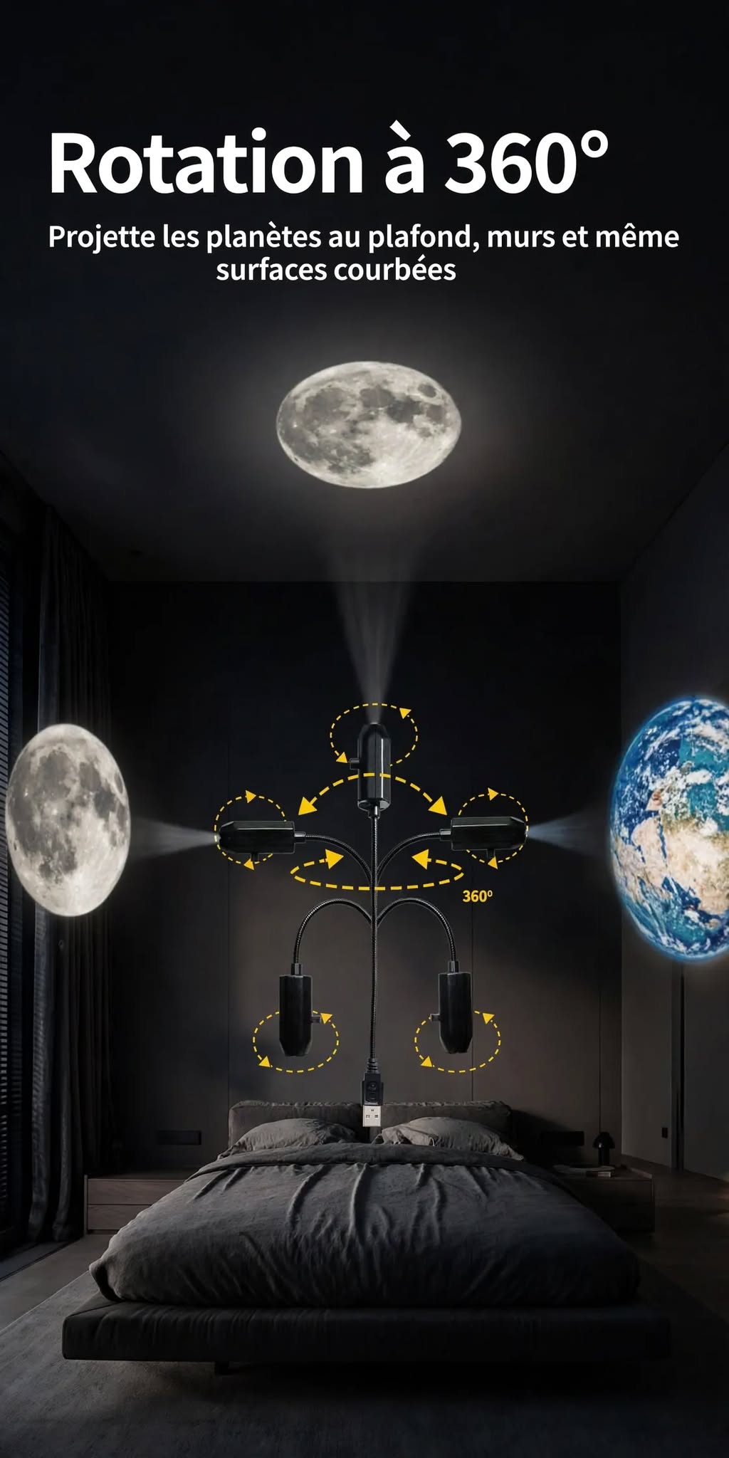 Projecteur lumineux rotatif — ambiance lune et étoiles