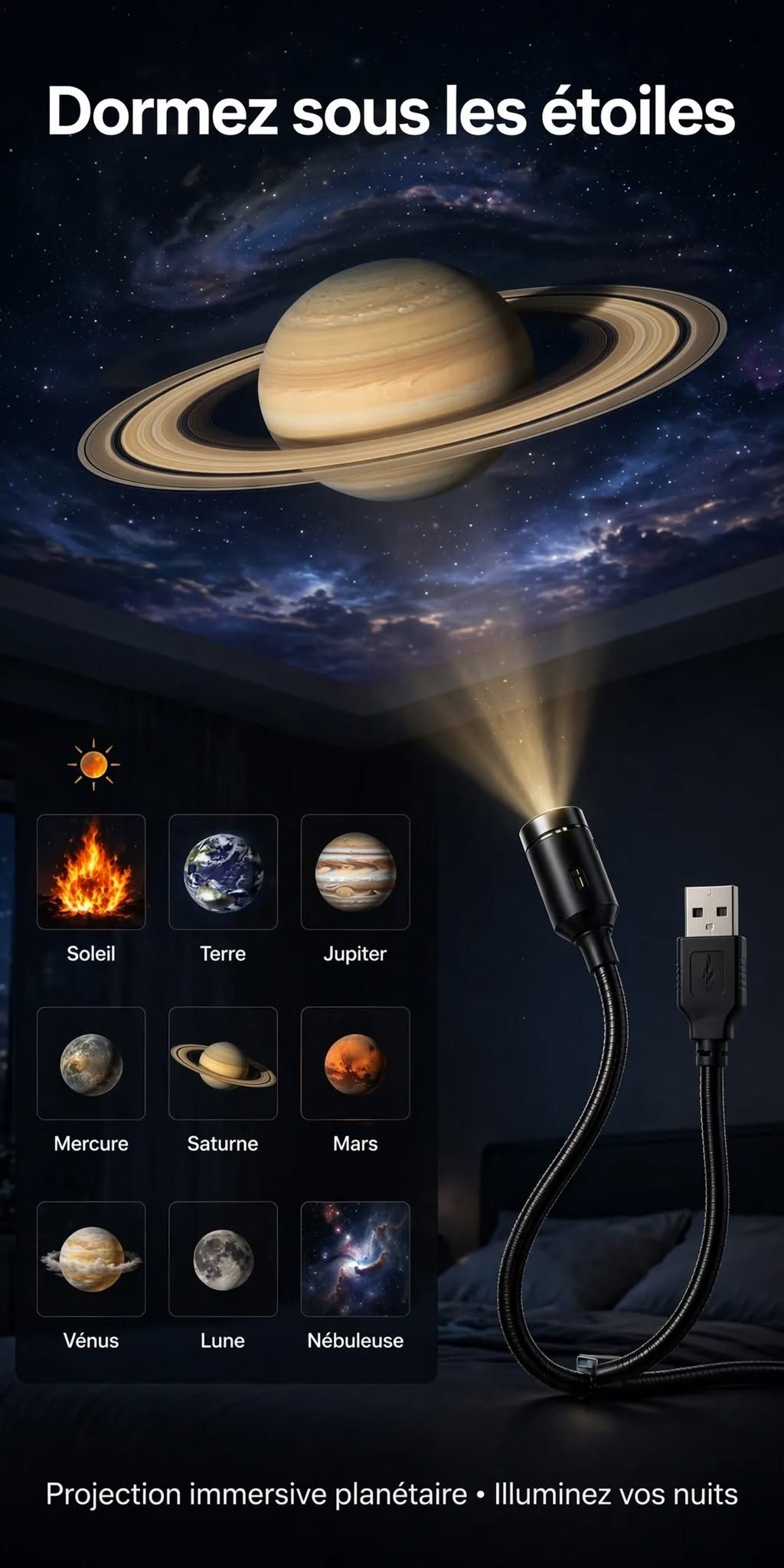 Projecteur lumineux rotatif — ambiance lune et étoiles